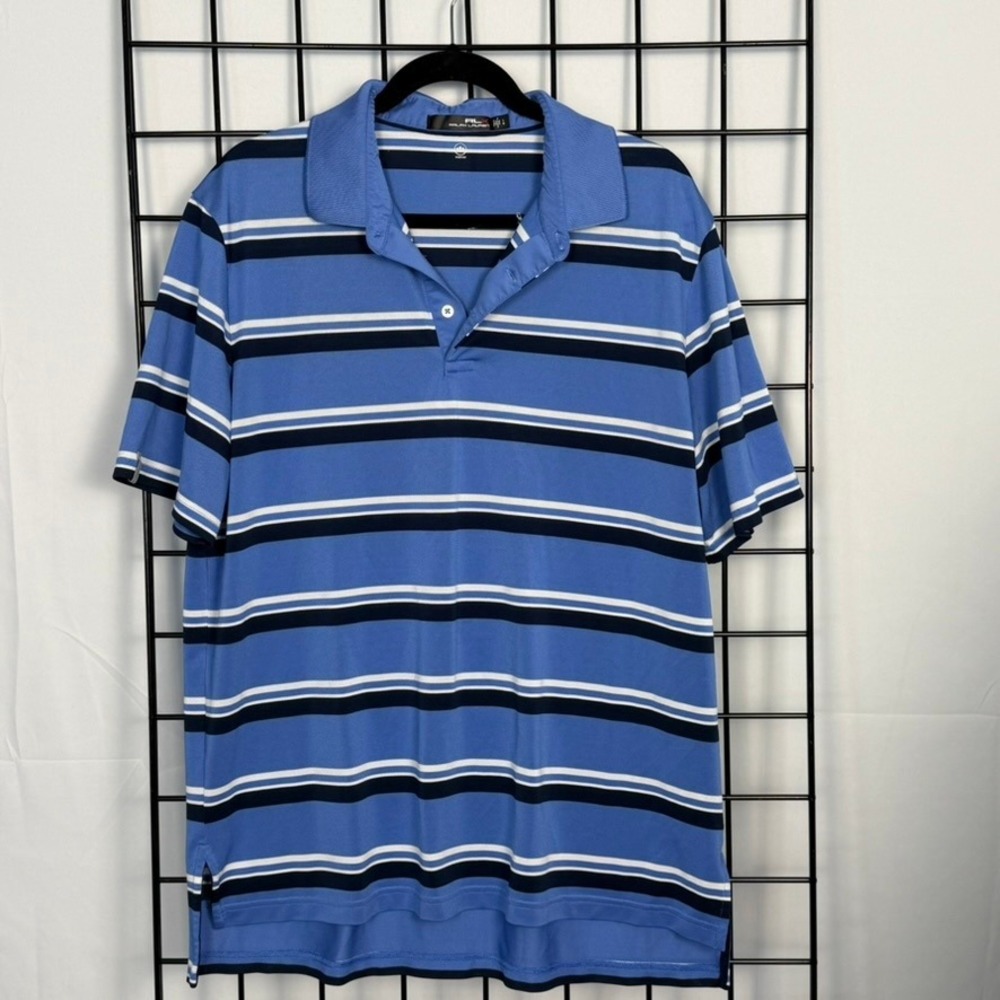 RLX Ralph Lauren Polo Shirt Mens Large Blue Striped Wicking Performance Golf Top